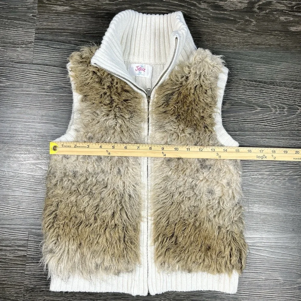 Justice Girls Faux Fur Sweater Full Zip Mock Vest Size 12 Cream Y2K Boho Shaggy‎